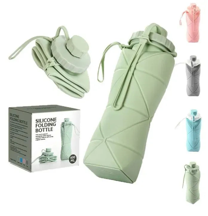 600ml Silicone Folding Water Bottle – Collapsible Travel Bottle with Strap