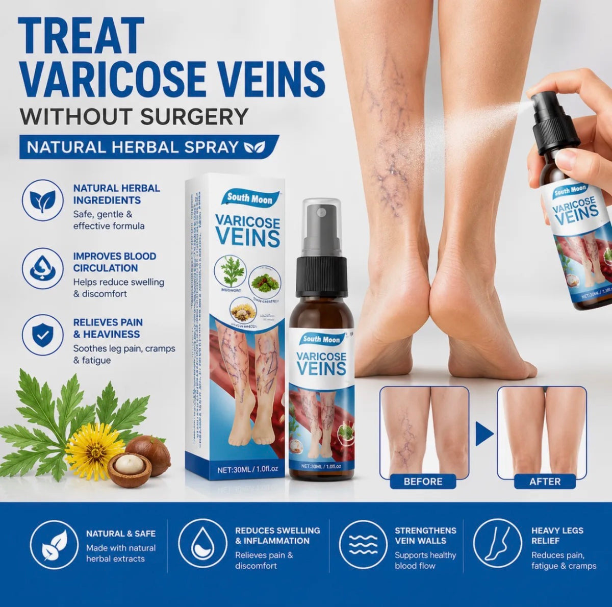 South Moon Vein Care Spray | Natural Herbal Leg Care Spray | 30ml