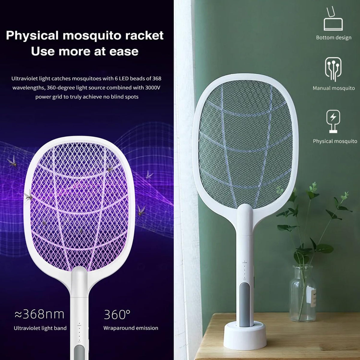 USB Rechargeable Mosquito Racket with Stand – Electric Insect Killer Bat