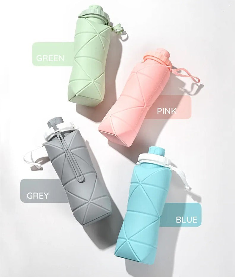 600ml Silicone Folding Water Bottle – Collapsible Travel Bottle with Strap